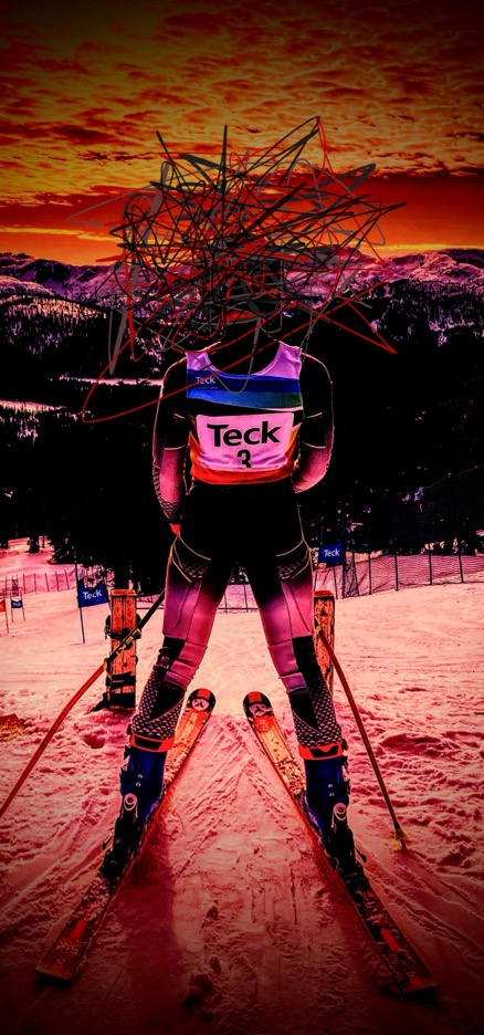 An adolescent athlete wearing skis, a helmet, a speed suit and a race bib stands in the start gate of a giant slalom ski race course. They are on a snowy slope with mountains visible across the valley. The sky and tint of the photo are red. There are chaotic scribbles around the athlete’s head representing anxious thoughts.