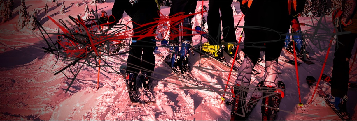 A group of ski racing athletes wearing ski equipment and ski clothing stand on the snow at the top of a small drop on a mountain. You can only see their legs, skis and the snow they stand on. The photo is tinted red, and chaotic scribbles representing anxiety from individuals in the group pile up in front of the individual closest to the edge of the drop.