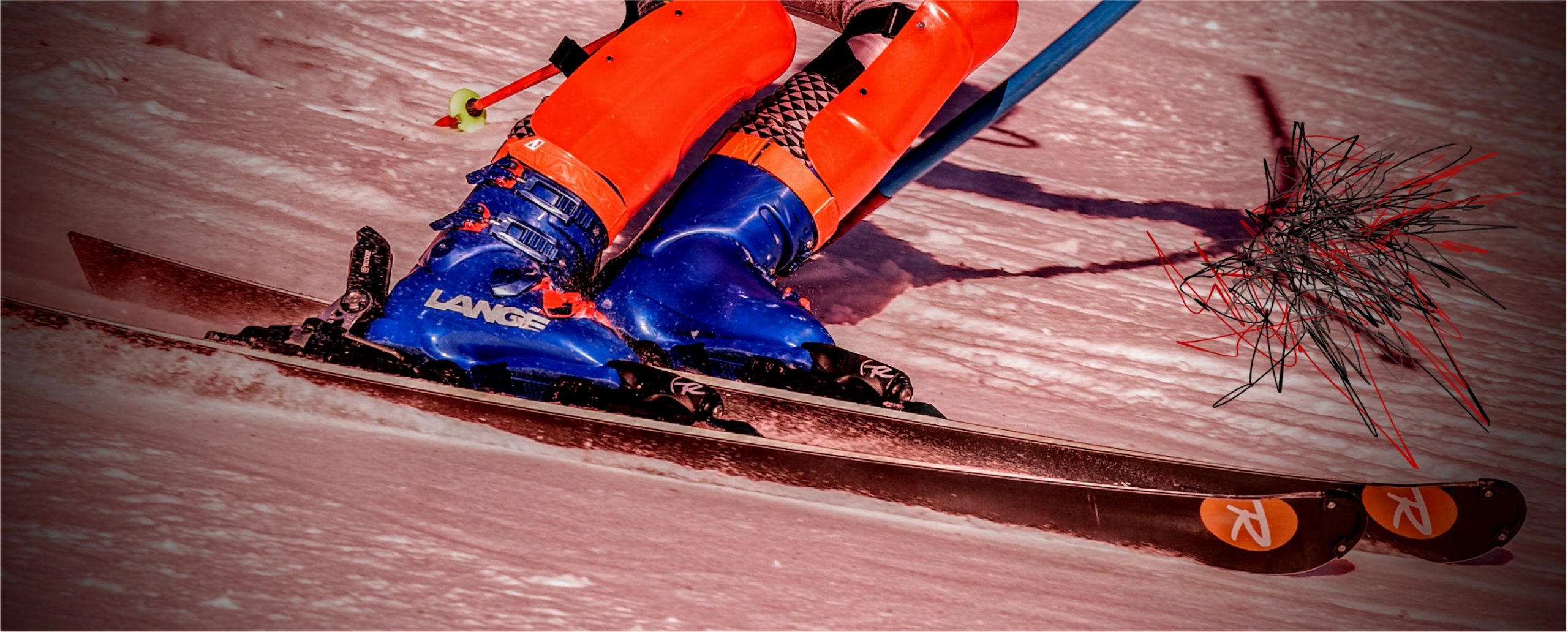 A ski racer speeds past a slalom gate. Only the athlete’s legs and skis are visible. The shadow of the slalom gate is visible in the snow behind the athlete. Where the shadow of the athlete’s hand is striking the slalom gate, chaotic scribbles erupt from the shadow impact.